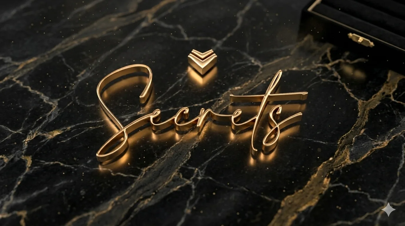 The Secrets gold signature on black marble